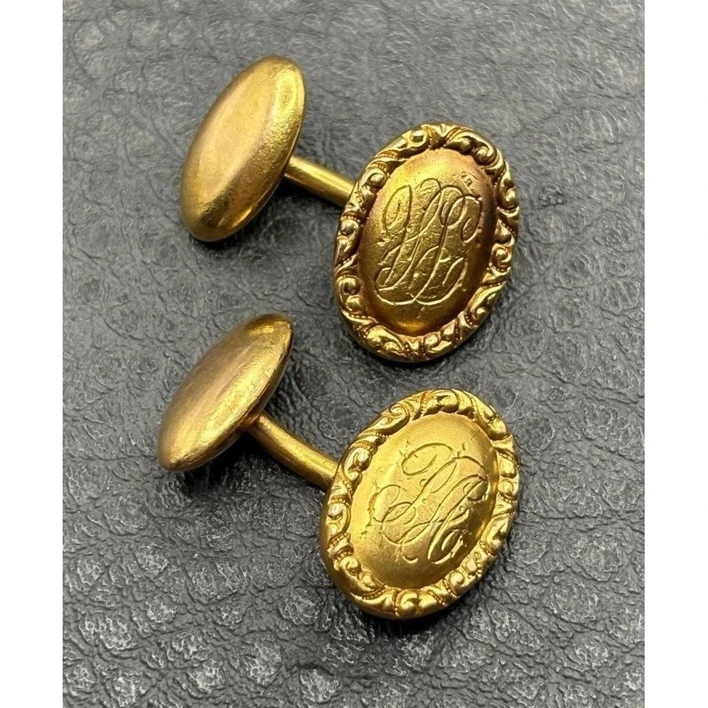 Vintage 14K Solid Yellow Gold Tone Victorian Cufflinks Ornate Etched Initials PA